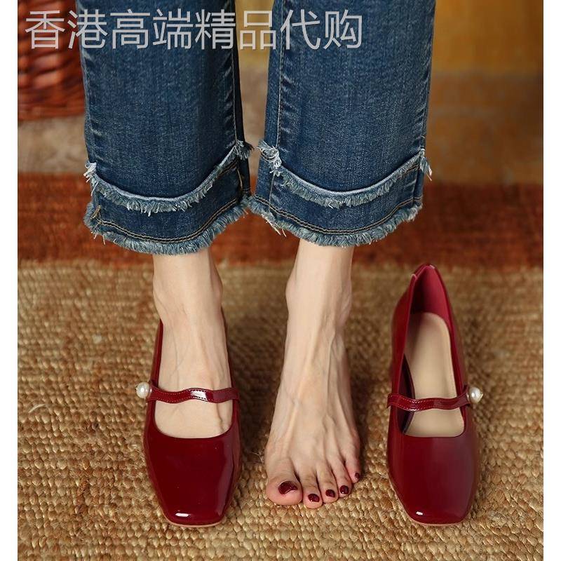 真皮法式玛丽珍单鞋女2025年春秋季新款红色粗跟覆古漆皮高跟鞋子