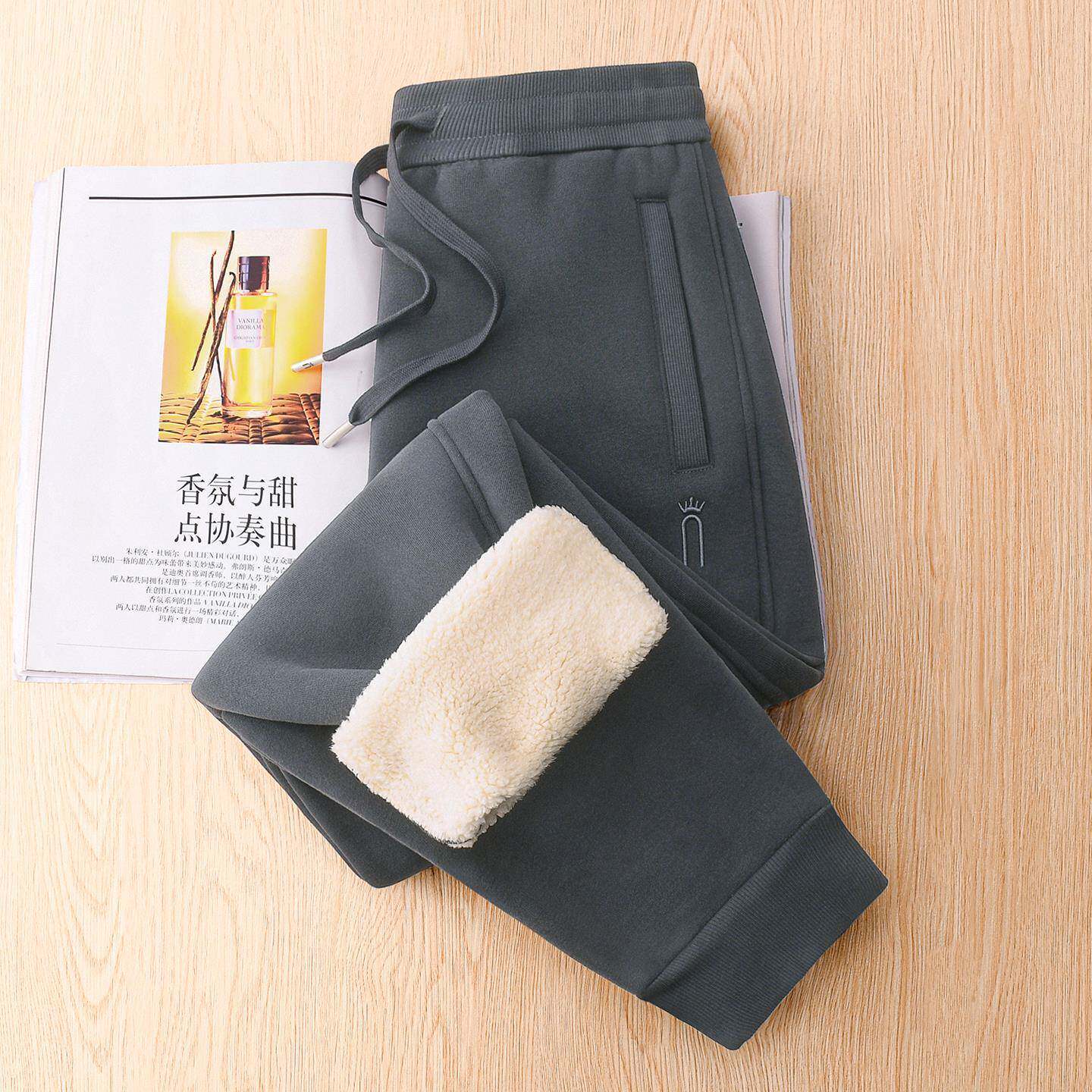 灰色秋冬加绒加厚羊羔绒运动卫裤女大码高腰束脚萝卜休闲小脚裤男