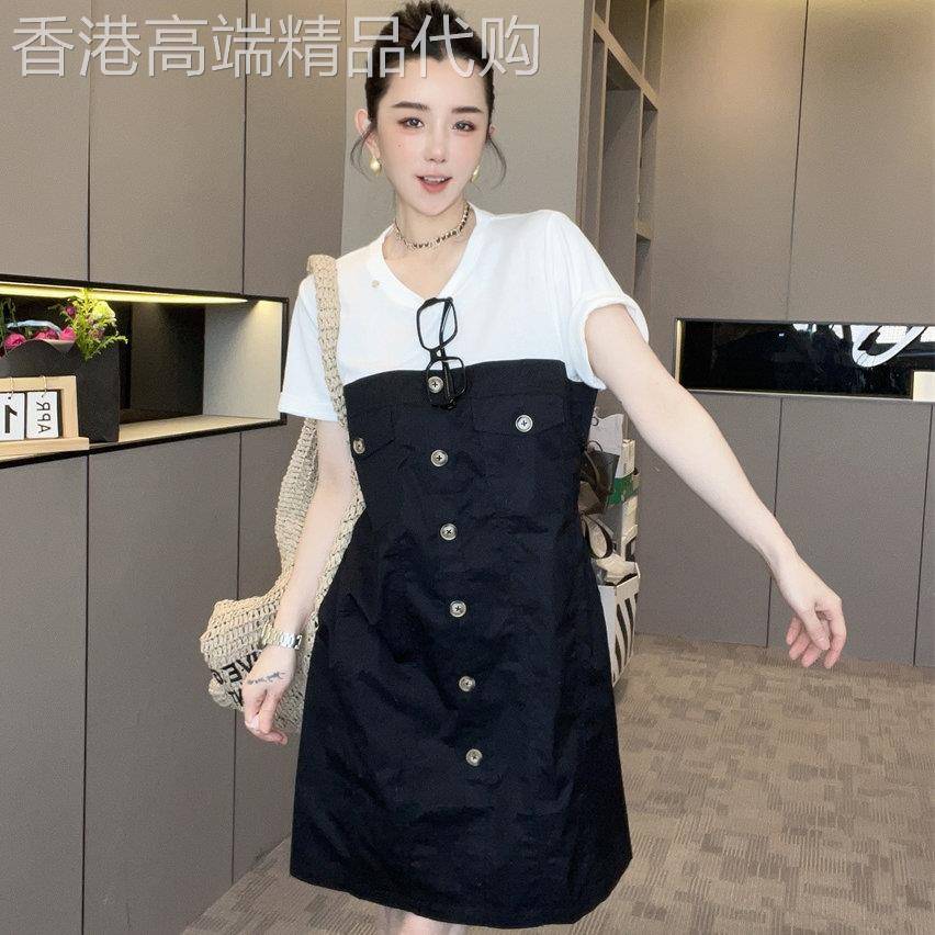 拼接短袖洋装女2026夏季新款圆领中长裙收腰显瘦洋派裙子欧货潮