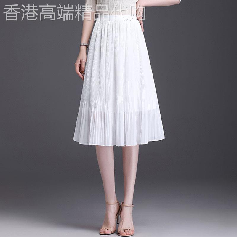 白色雪纺百褶半身裙女夏2025新款高腰垂感小个子a字裙中长版伞裙