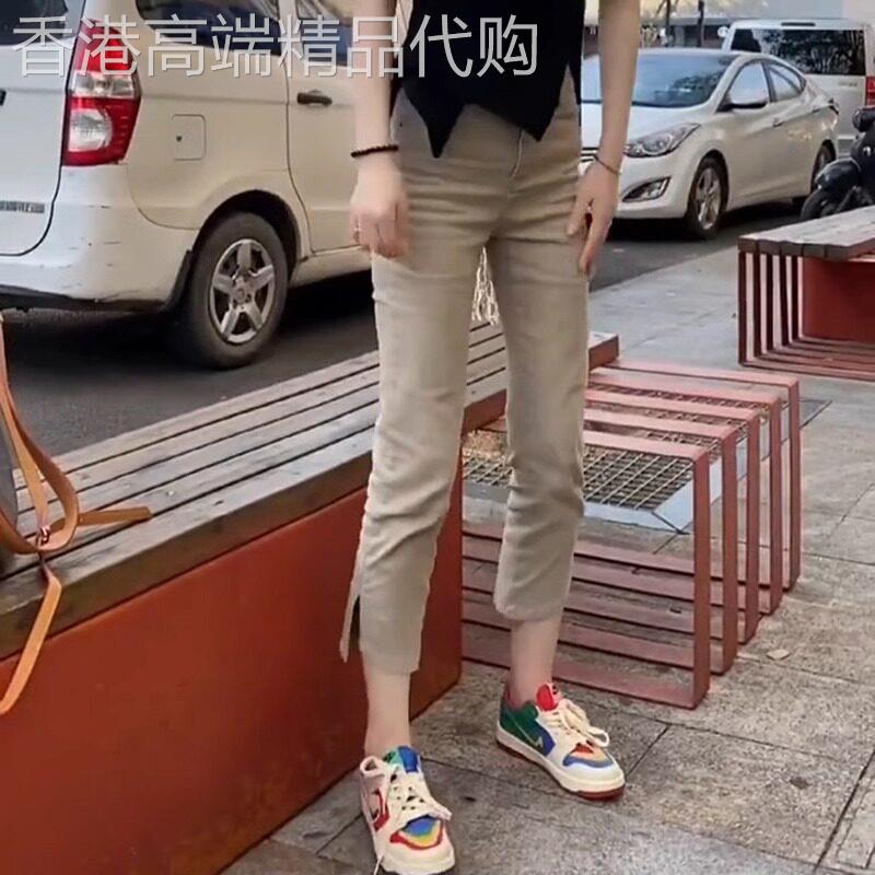 夏季薄款弹力开叉七分牛仔裤女大码高腰直筒显瘦卡其色八分烟管裤