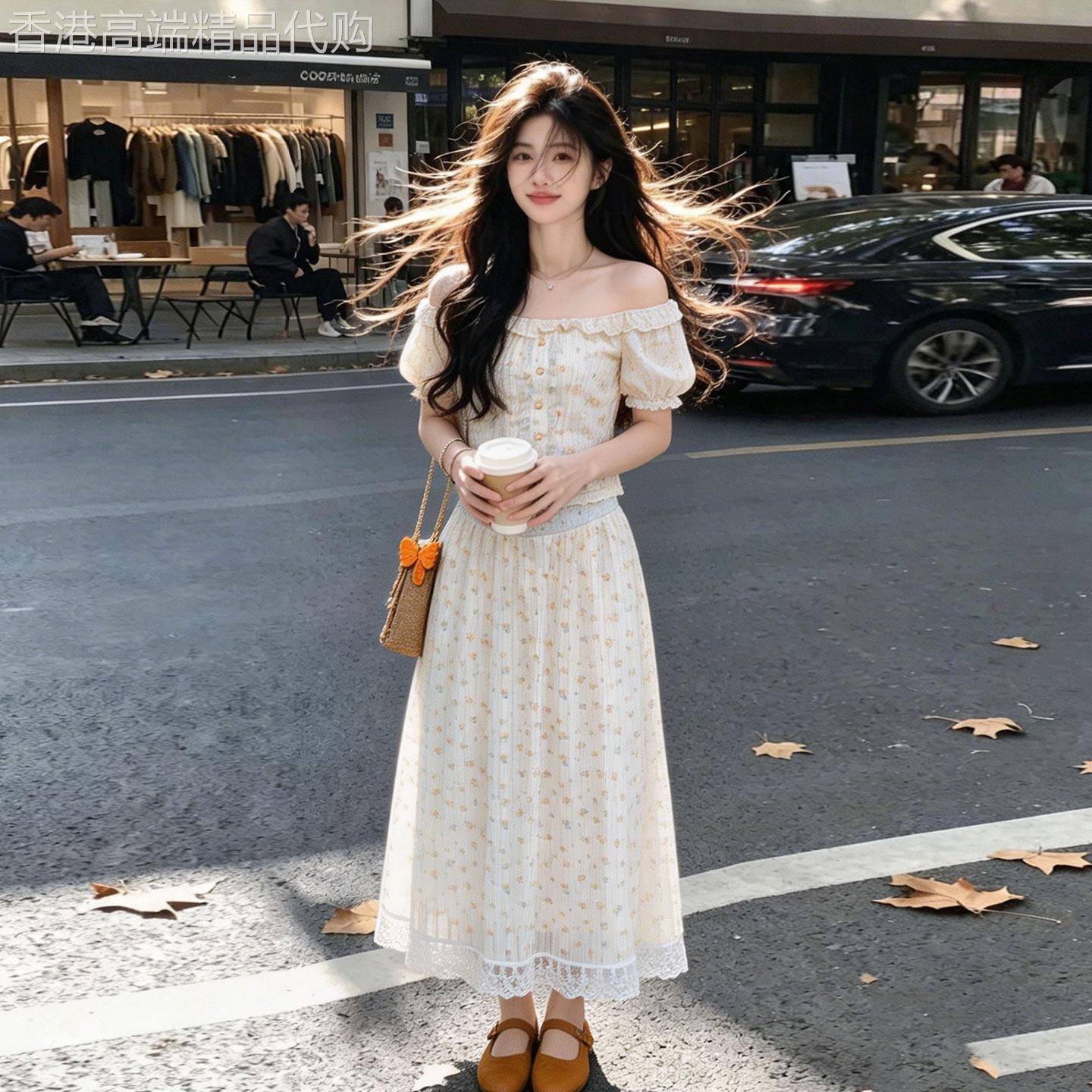 法式温柔风一字肩碎花半身裙套装女夏季新款泡泡袖小个子两件套潮