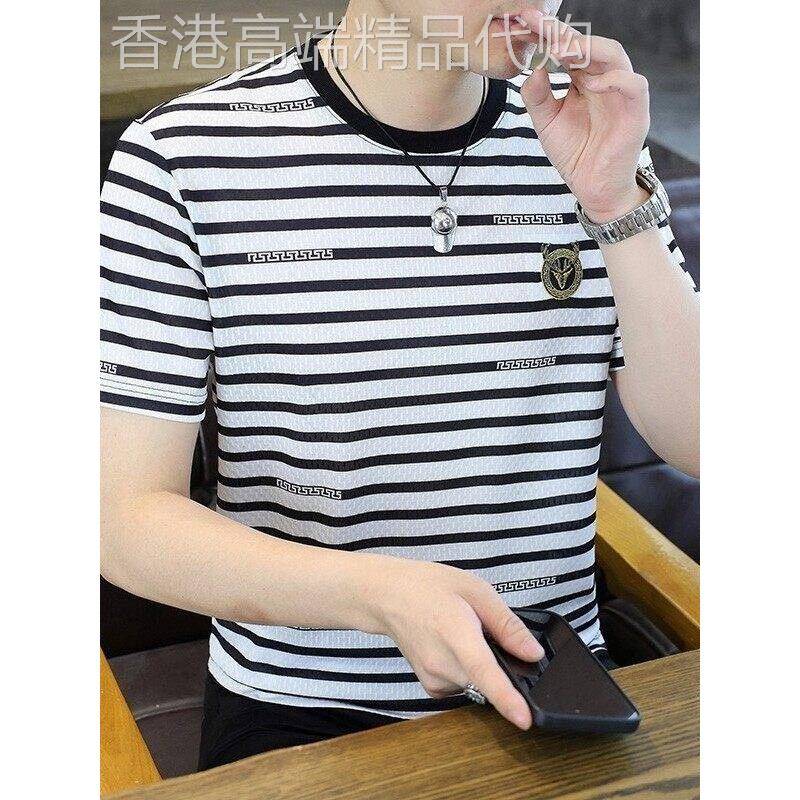 男士短袖t恤冰丝条纹上衣2026夏季新款薄款修身透气圆领半袖体恤图片