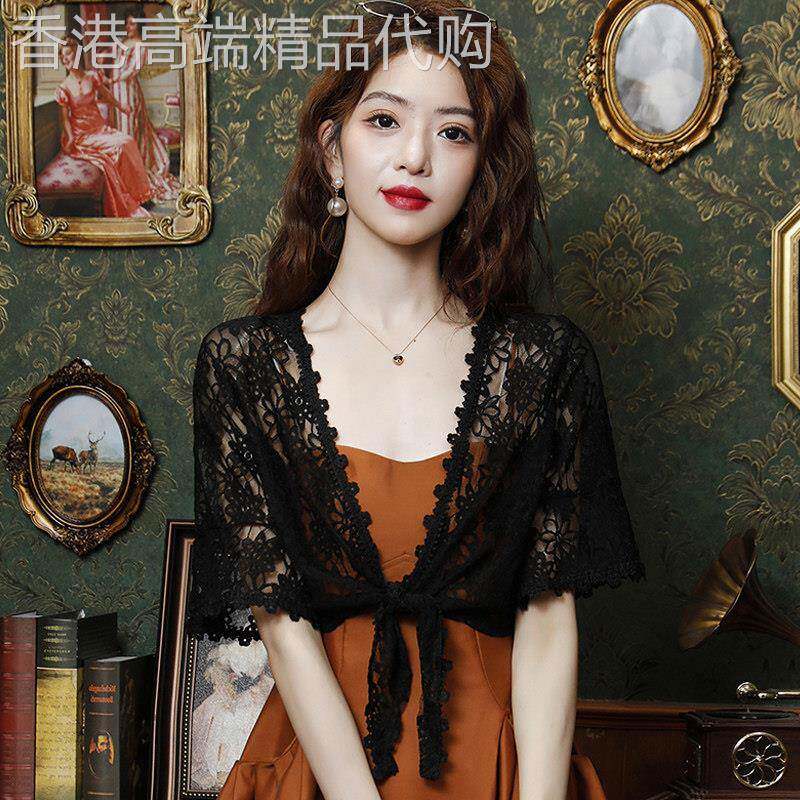 蕾丝防晒开衫女夏季薄2026新款外搭配吊带裙披肩黑色罩衫短款上衣