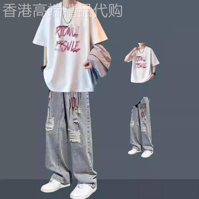 潮牌短袖t恤套装男夏季高街潮流印花半袖痞帅牛仔裤男装一套搭配