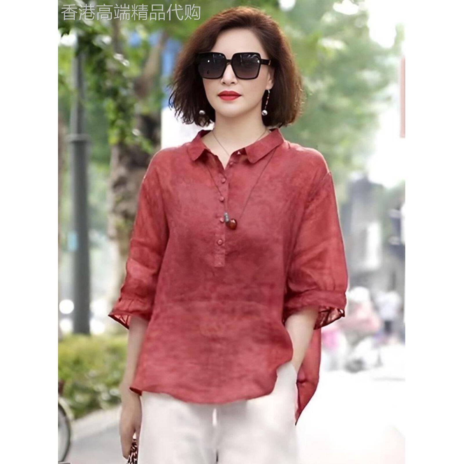 翻领天丝苎麻衬衫女夏季欧货薄款中年妈妈装宽松遮肚中袖棉麻衬衣