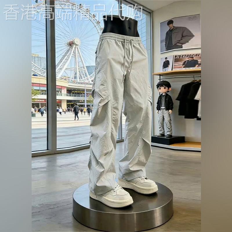 潮牌美式尼龙速干工装裤男夏季薄款褶皱伞兵冲锋裤宽松阔腿休闲裤