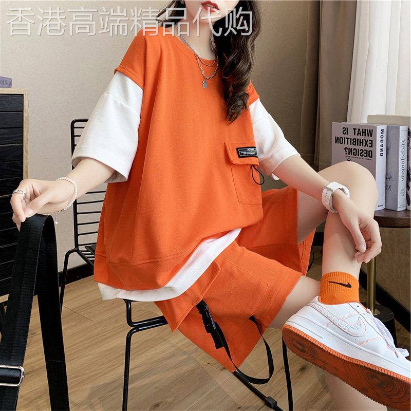 运动套装女夏季2025新款大码胖mm显瘦短袖上衣短裤休闲时尚两件套
