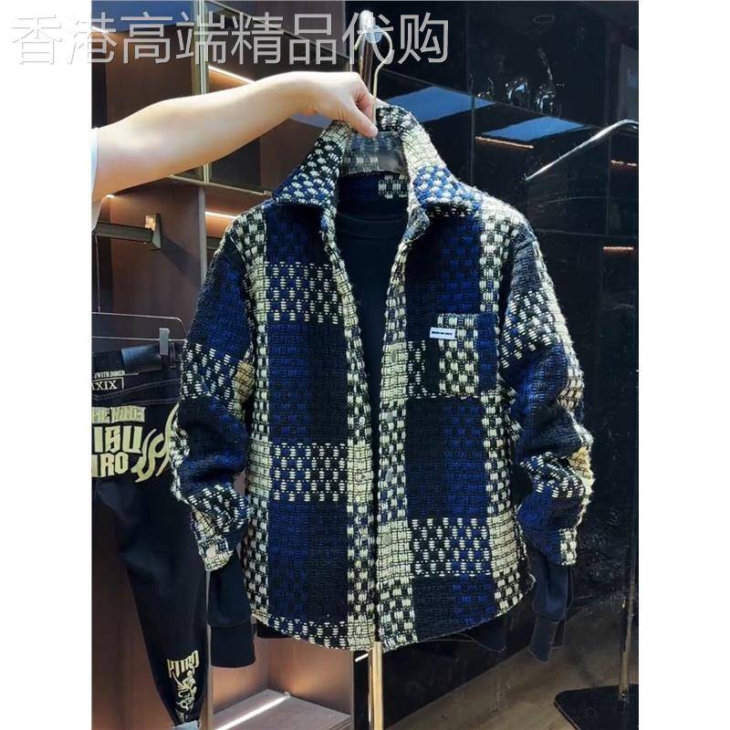 潮牌韩版时尚百搭小香风格子翻领衬衫男士秋季外套宽松长袖夹克潮