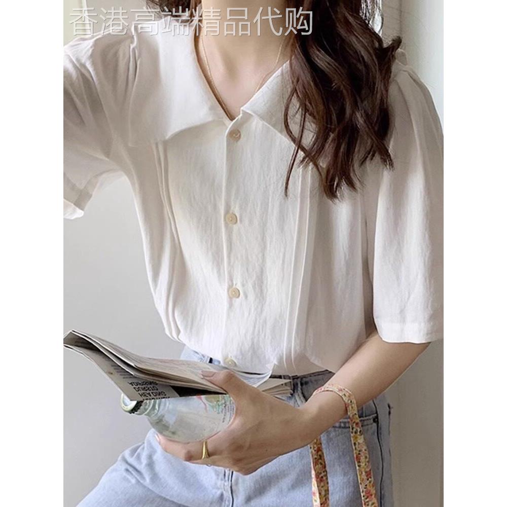 白色短袖衬衫女夏季薄款小个子polo衫上衣法式气质高级感翻领衬衣