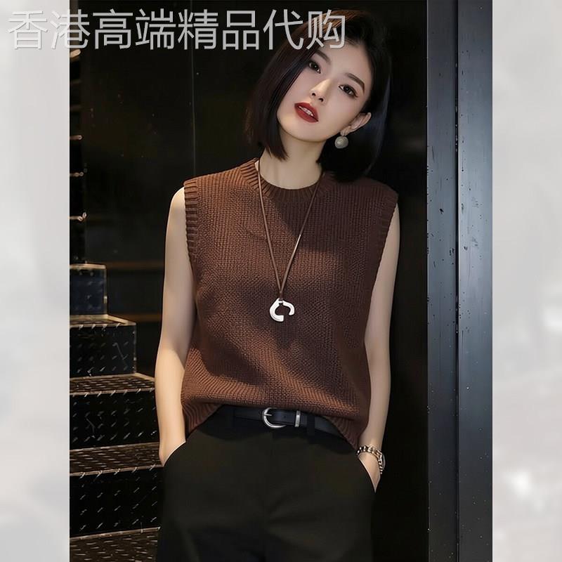 复古圆领无袖背心女装夏季2026年新款冰丝针织上衣咖色高级感百搭