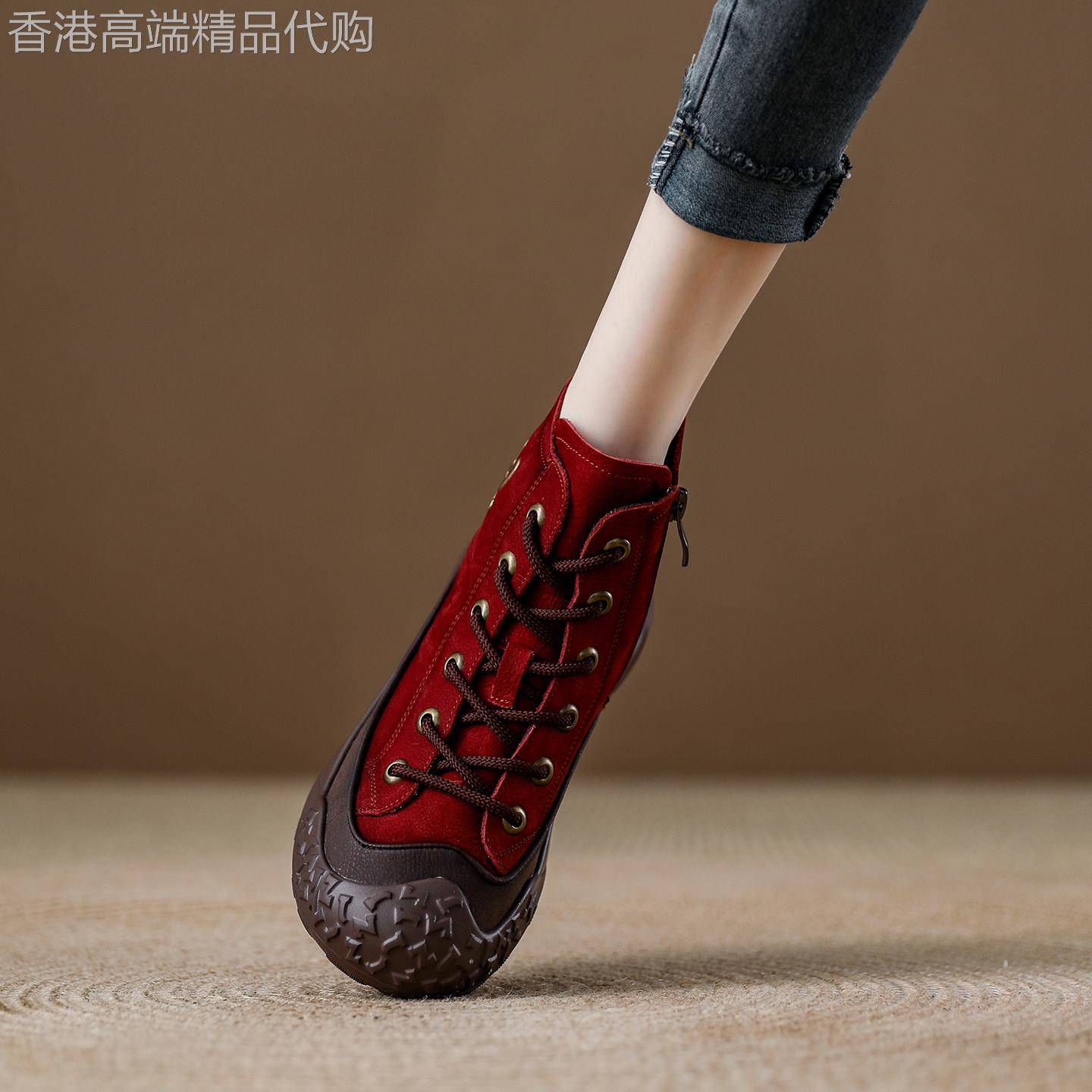 西班牙小众品牌ONGYSL秋季百搭真皮时尚休闲软底轻便厚底高帮女鞋
