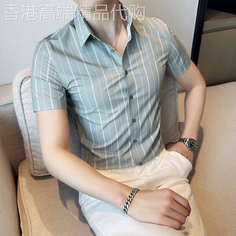 条纹短袖衬衫男士夏季韩版潮牌高级感痞帅商务修身休闲男装衬衣服