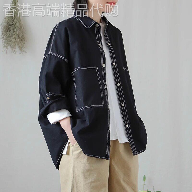 文艺覆古明线黑色衬衫女春秋2025新款设计感小众宽松翻领衬衣外套