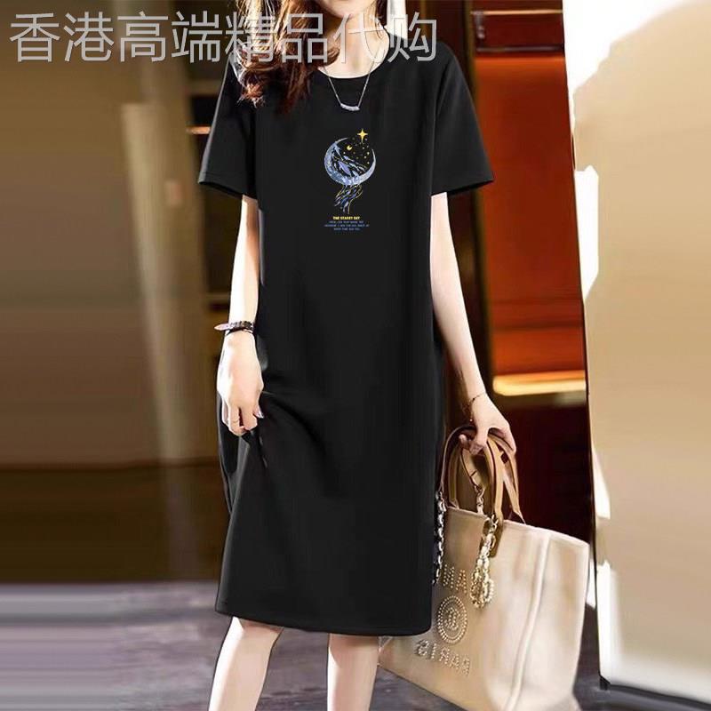黑色印花短袖T恤裙女夏季2026新款宽松显瘦A字连衣裙大码过膝长裙