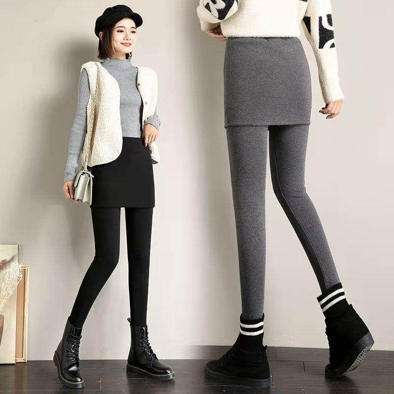 韩国纯棉加绒大码包臀带裙假两件打底裤女秋冬季踩脚显瘦高腰外穿