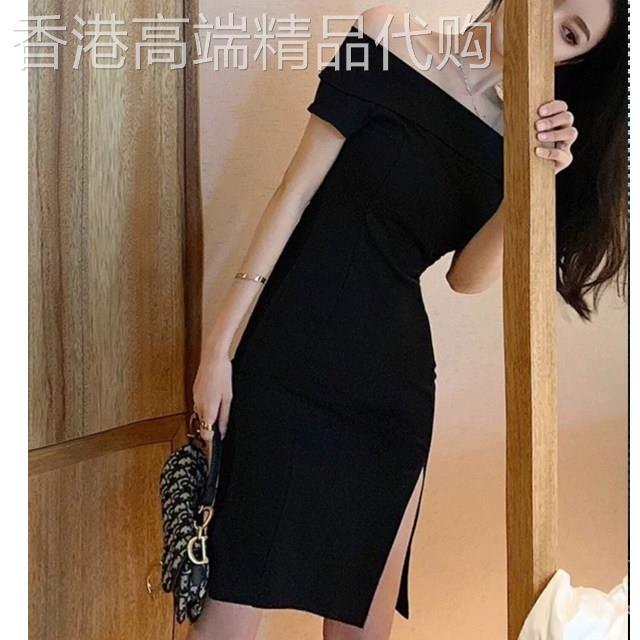 赫本风侧开叉一字肩黑色连衣裙女2026夏季新款欧货修身性感短裙潮