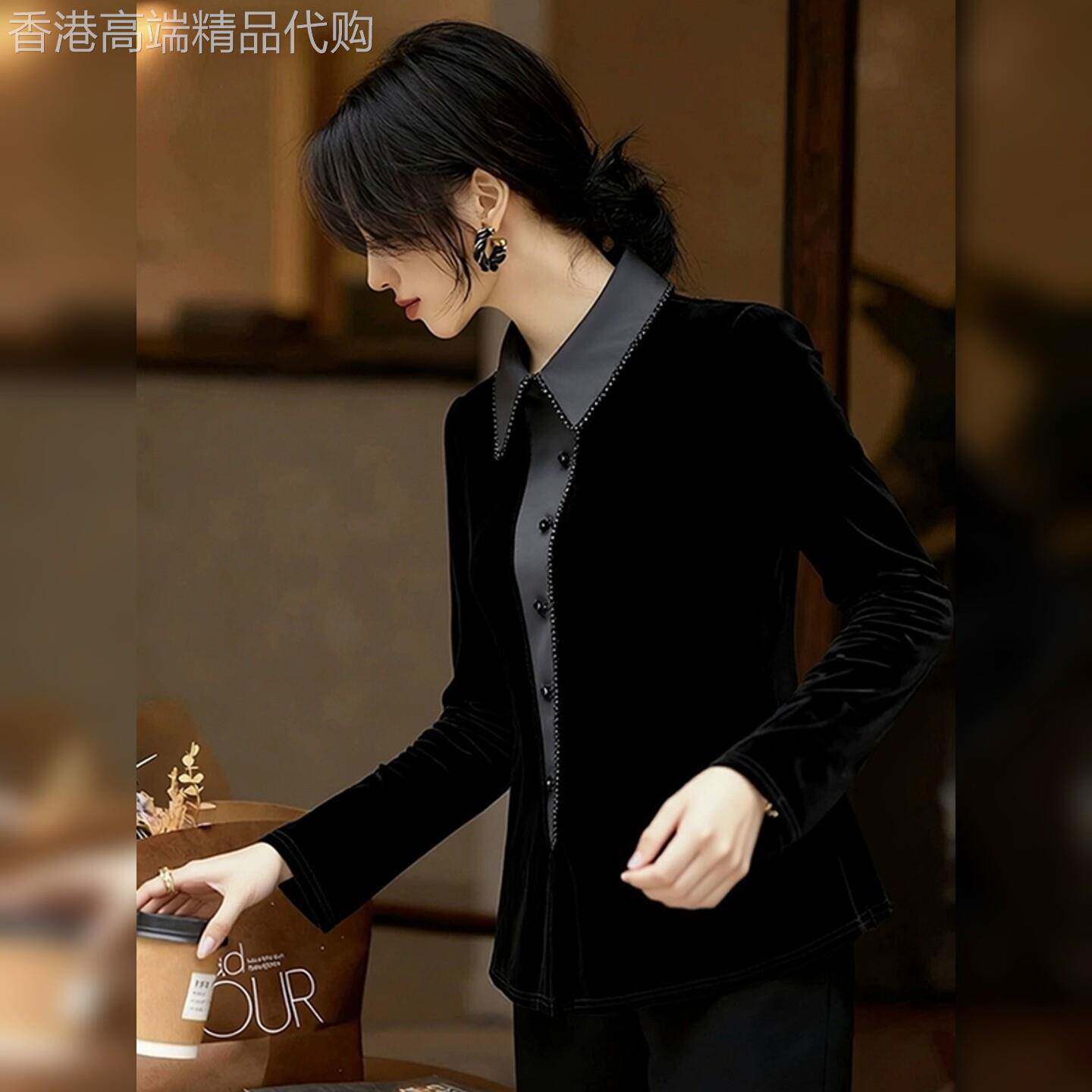 黑色丝绒拼接长袖上衣女2026春季新款小众显瘦气质减龄翻领打底衫