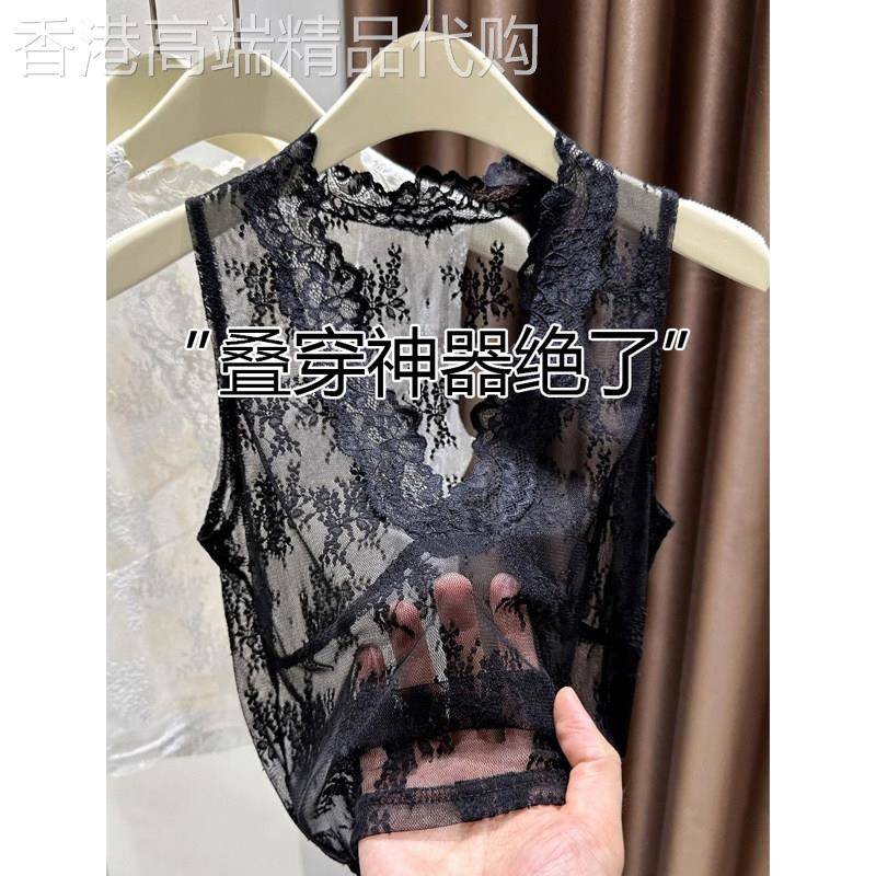 黑色蕾丝打底衫女夏季欧货叠穿无袖背心大码胖mm吊带性感网纱上衣