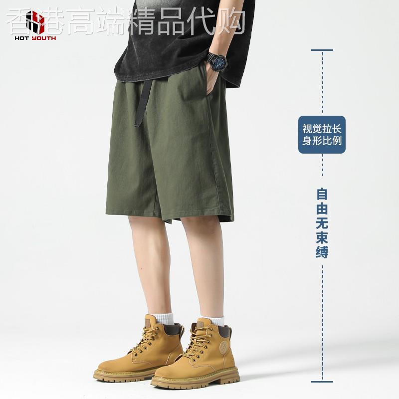 香港潮牌工装短裤男生夏季薄款纯棉休闲五分裤宽松军绿色外穿裤子