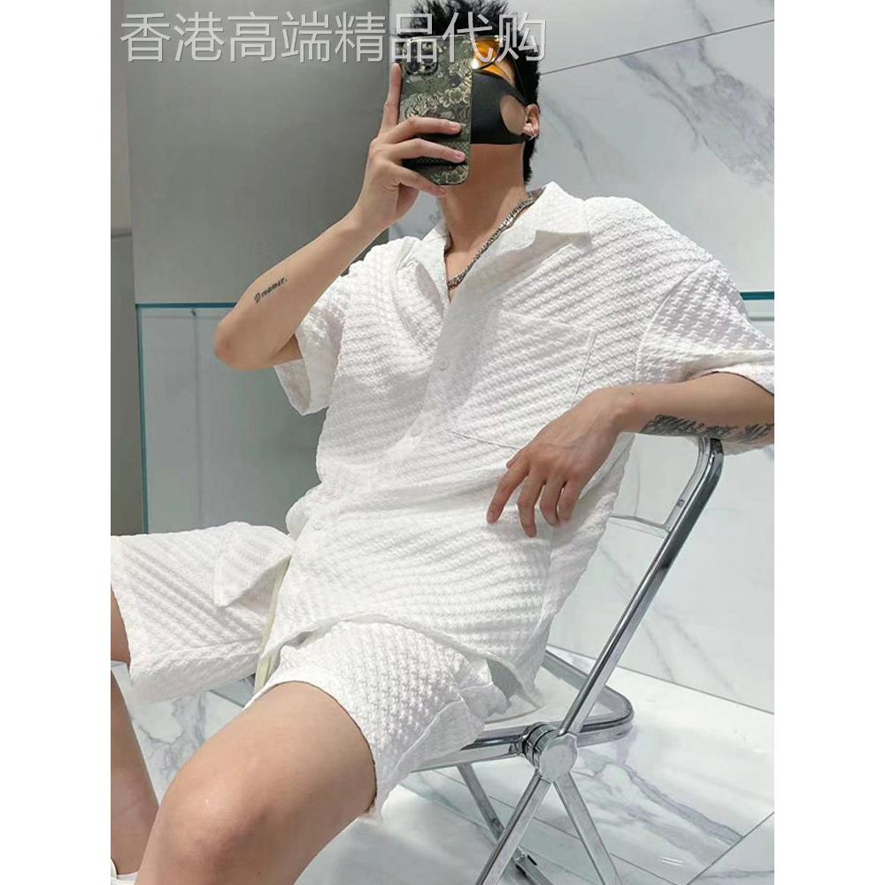 休闲西装男士夏季薄设计格纹短袖衬衫短裤运动宽松和英俊的两件套