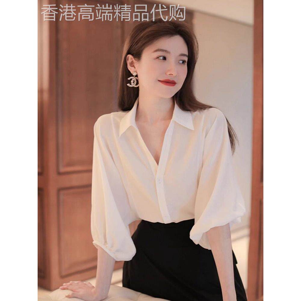 日系泡泡袖设计感小众白色衬衫女夏季薄款气质雪纺衬衣中袖上衣女