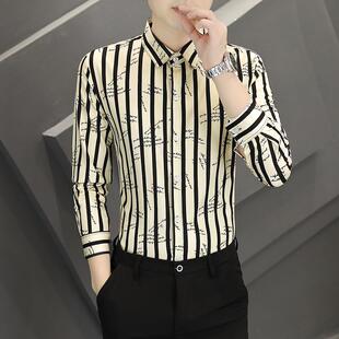 潮牌男士条纹衬衫春秋季商务修身高级感休闲男装冬季加绒长袖衬衣