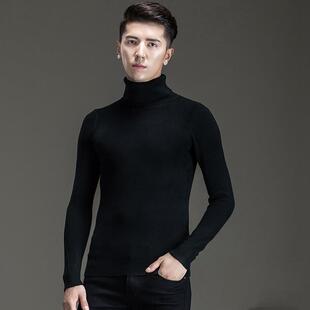 高领黑色羊毛衫男士欧货秋冬新款时尚百搭修身休闲纯羊毛加绒毛衣