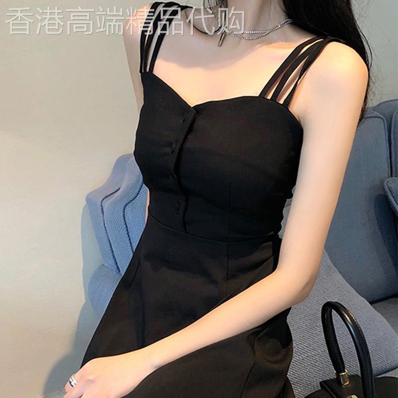 潮牌性感赫本风修身露肩吊带小黑裙气质显瘦心机收腰长版洋装夏