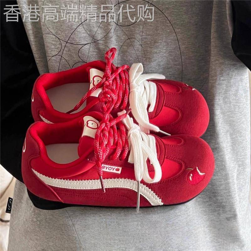 香港红色德训鞋女2025新款秋季透气薄底板鞋复古休闲小白鞋ins潮