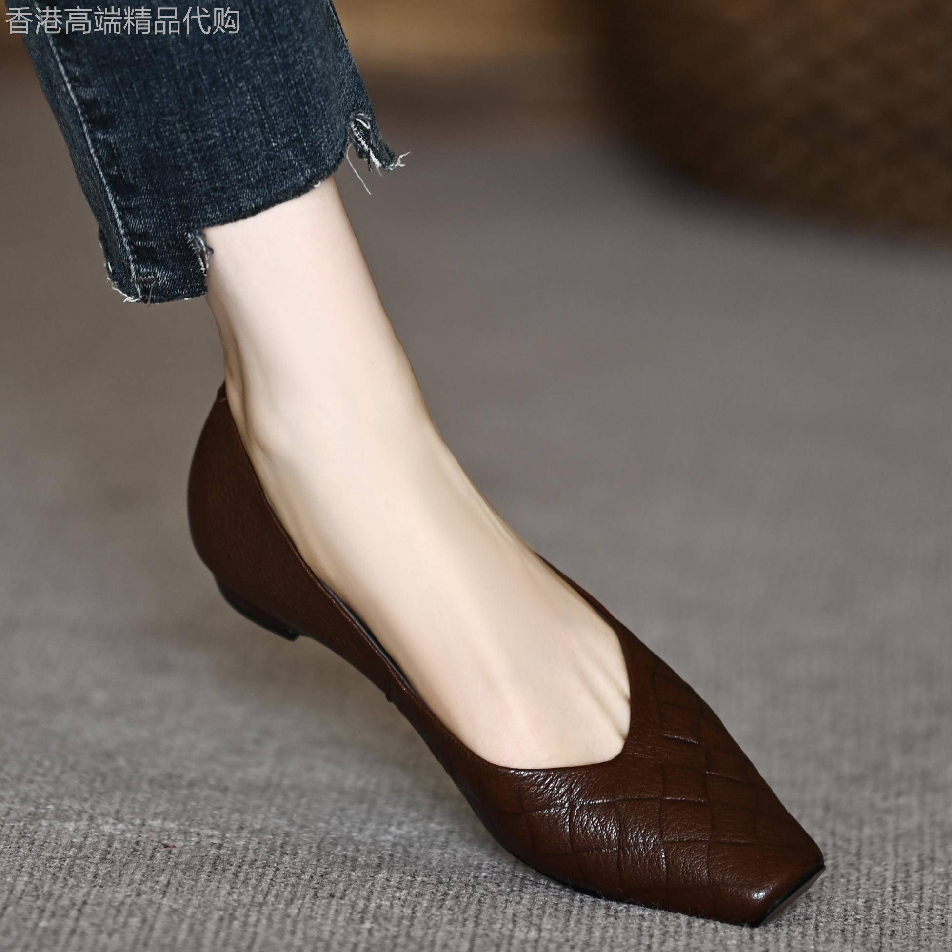 巨舒服~复古方头低跟浅口鞋女新款软羊皮一脚蹬春秋小众平底单鞋
