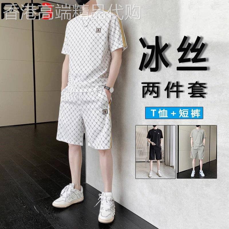 高端冰丝男士休闲套装2026夏季新款满印短袖t恤短裤帅气搭配一套