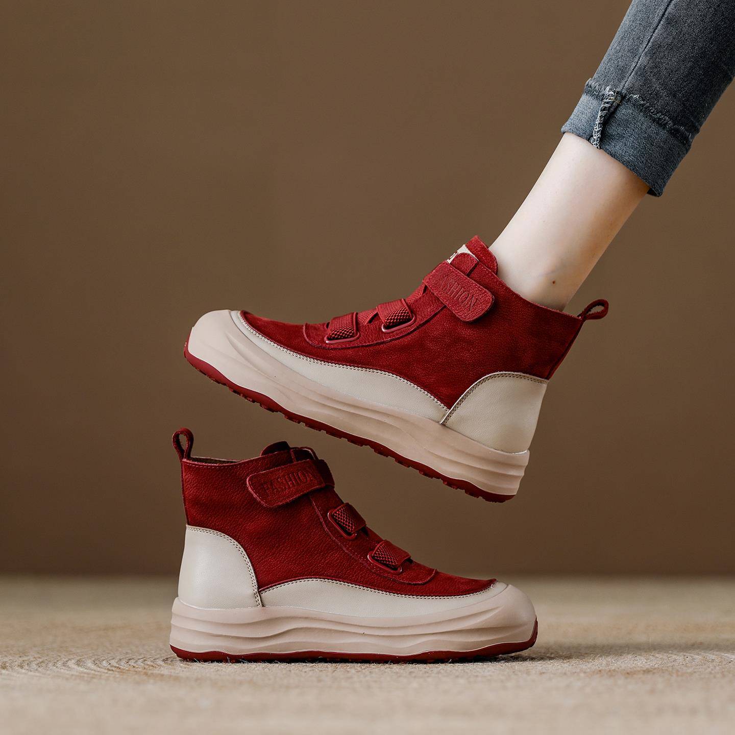 西班牙小众品牌ONGYSL厚底覆古红色板鞋女款真皮高帮运动鞋小白鞋