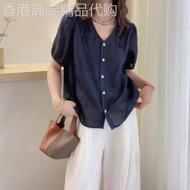 藏青色棉麻短袖衬衫女夏季2026新款休闲复古宽松显瘦苧麻V领上衣