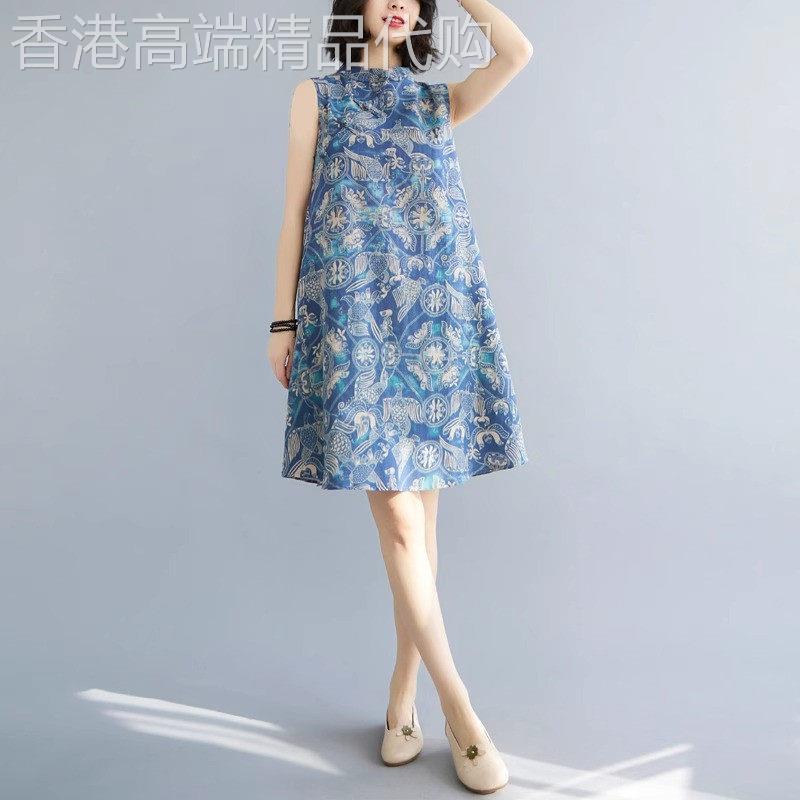 文艺复古印花中式改良旗袍无袖连衣裙女夏季新款宽松中长款裙子
