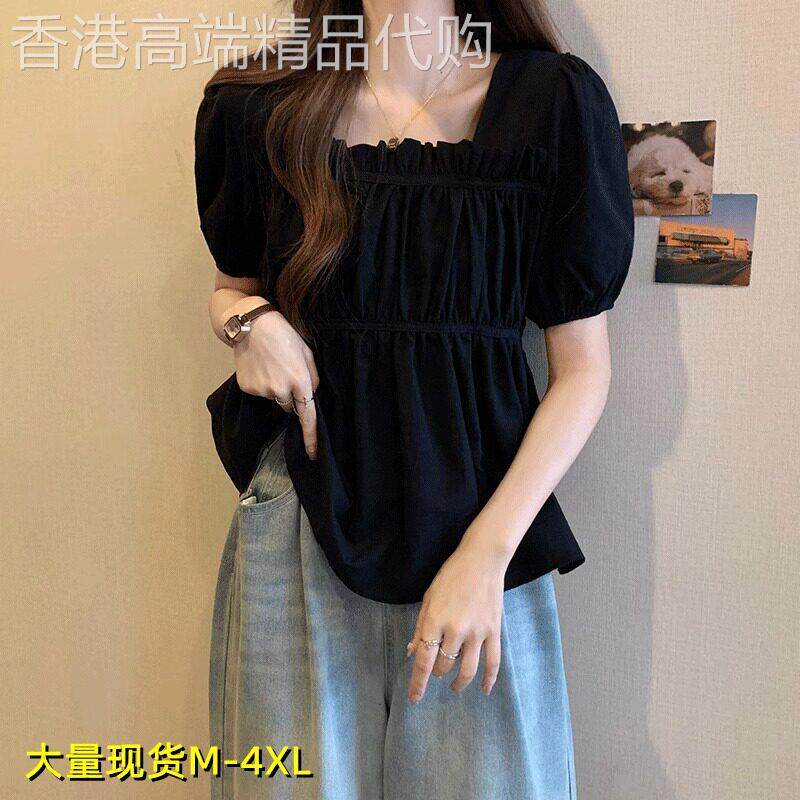 大码设计感小众显瘦方领短袖雪纺衫女夏季新款胖mm遮肚子藏肉上衣