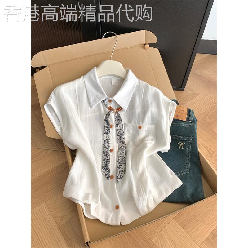 法式POLO领丝巾白色短袖衬衫女夏季新款韩系宽松百搭薄款气质上衣