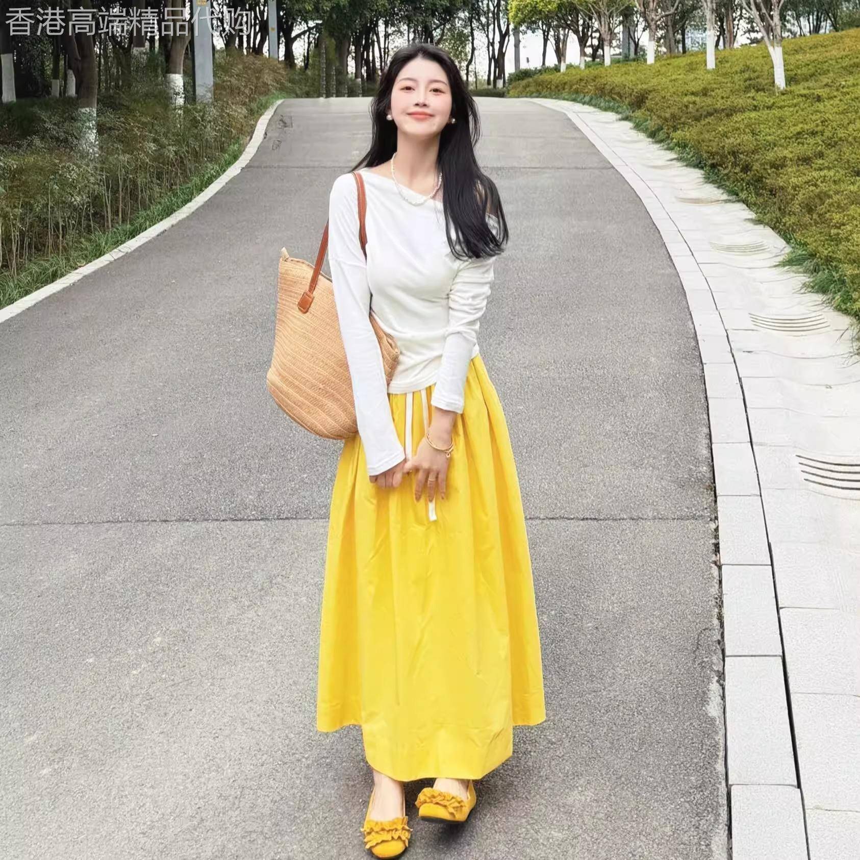 ROUJE NAIVE春夏新多巴胺超美黄色纯棉立体花苞松紧腰半身裙长裙