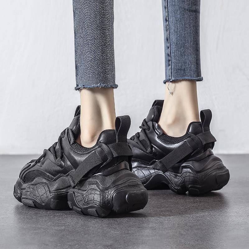 代购厚底黑武士网面老爹鞋女2025秋新款轻便松糕小白鞋增高运动鞋