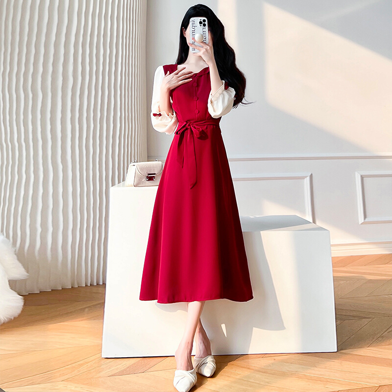 香港女装长袖2024早春红色气质礼服修身显瘦设计感长裙别致连衣裙
