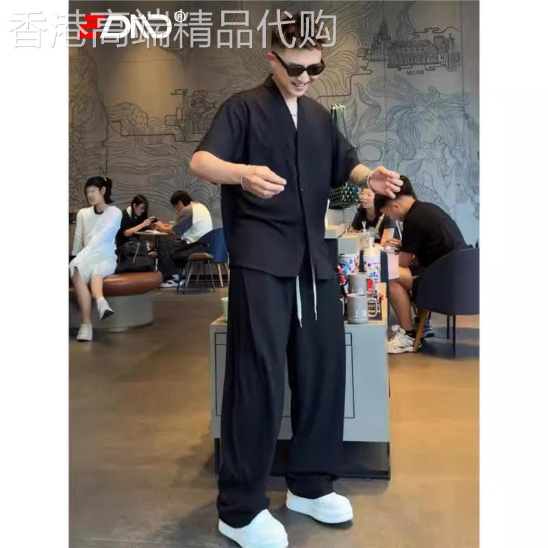 潮牌新中式国风V领肌理感男士2025新款夏季休闲衬衫裤子一套男装