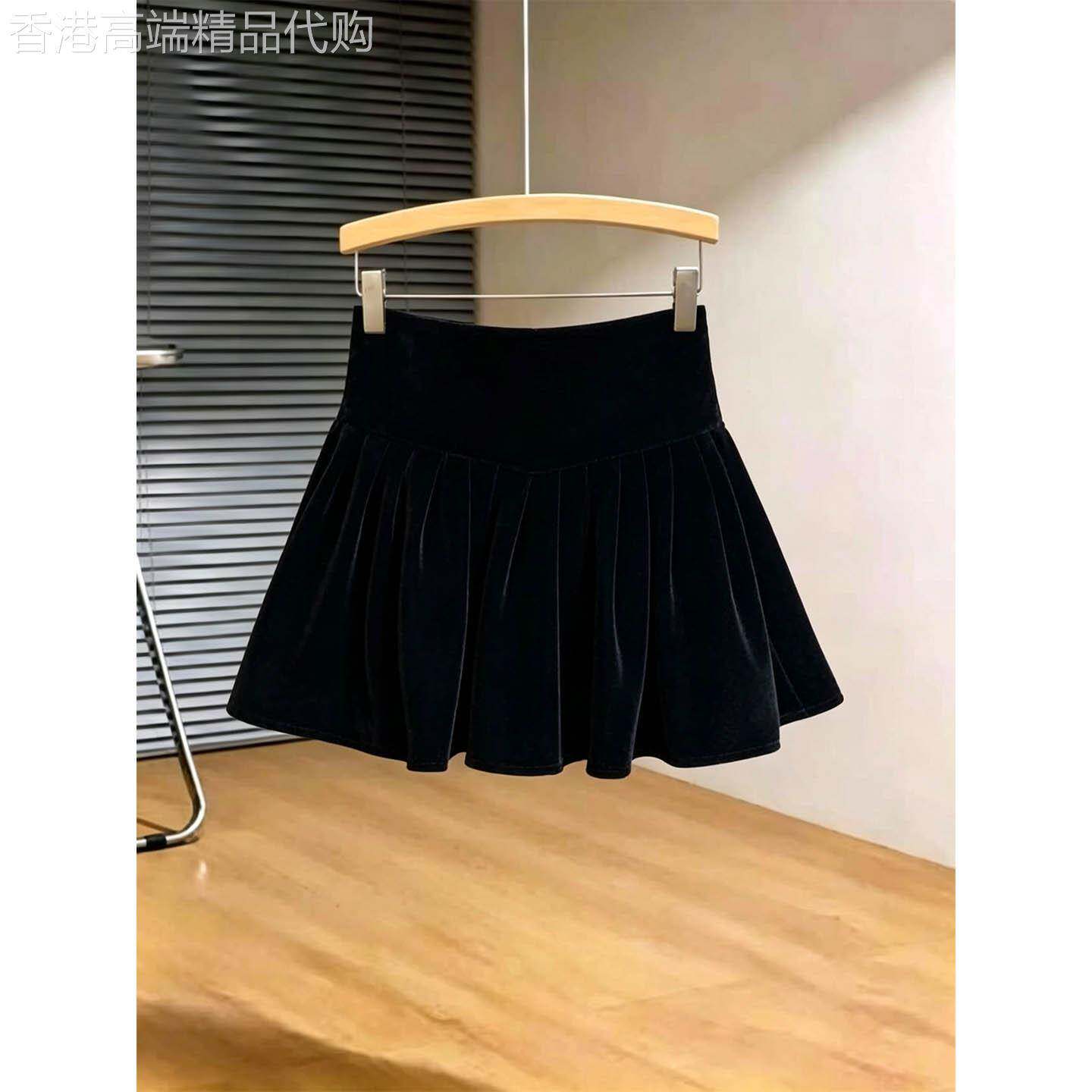 黑色金丝绒半身裙女春秋欧货韩系高腰显瘦百褶裙防走光A字短裙子