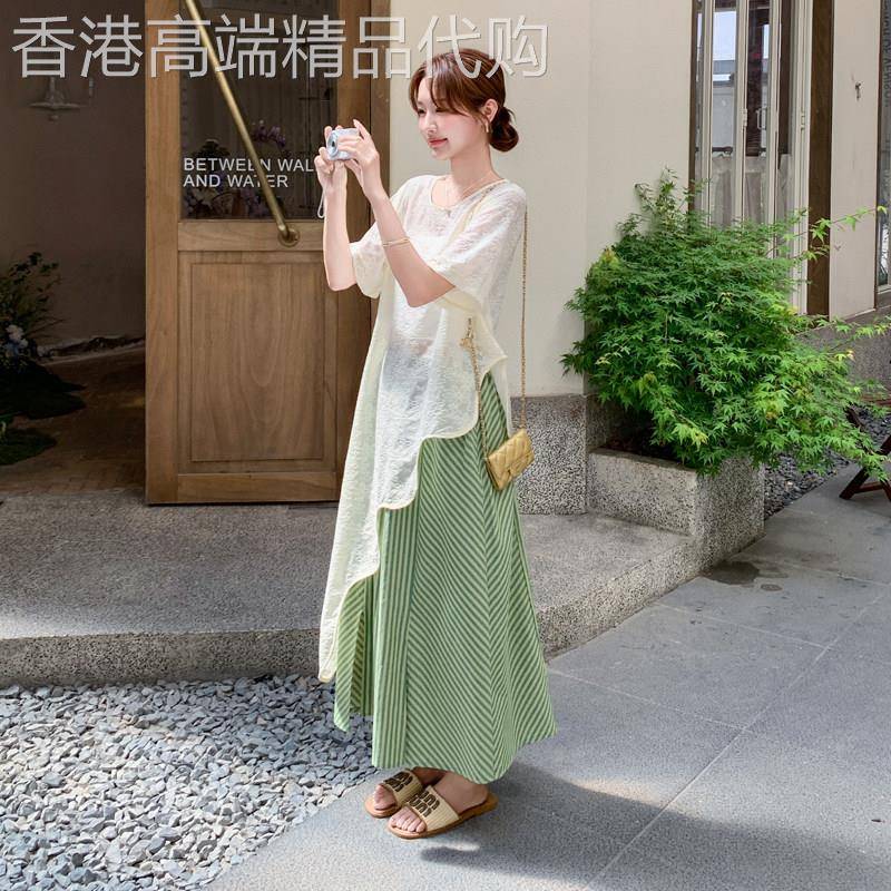 巨好看的夏装套装女2026新款森系不规则蕾丝罩衫条纹阔腿裤两件套