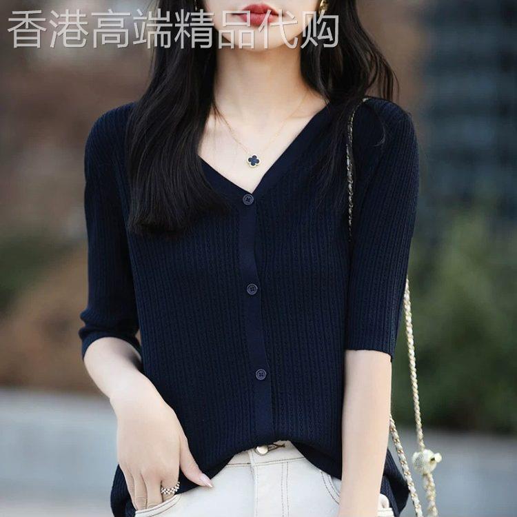韩国夏季薄款冰丝针织短袖开襟外套女V领修身宽松百搭半袖T恤外搭