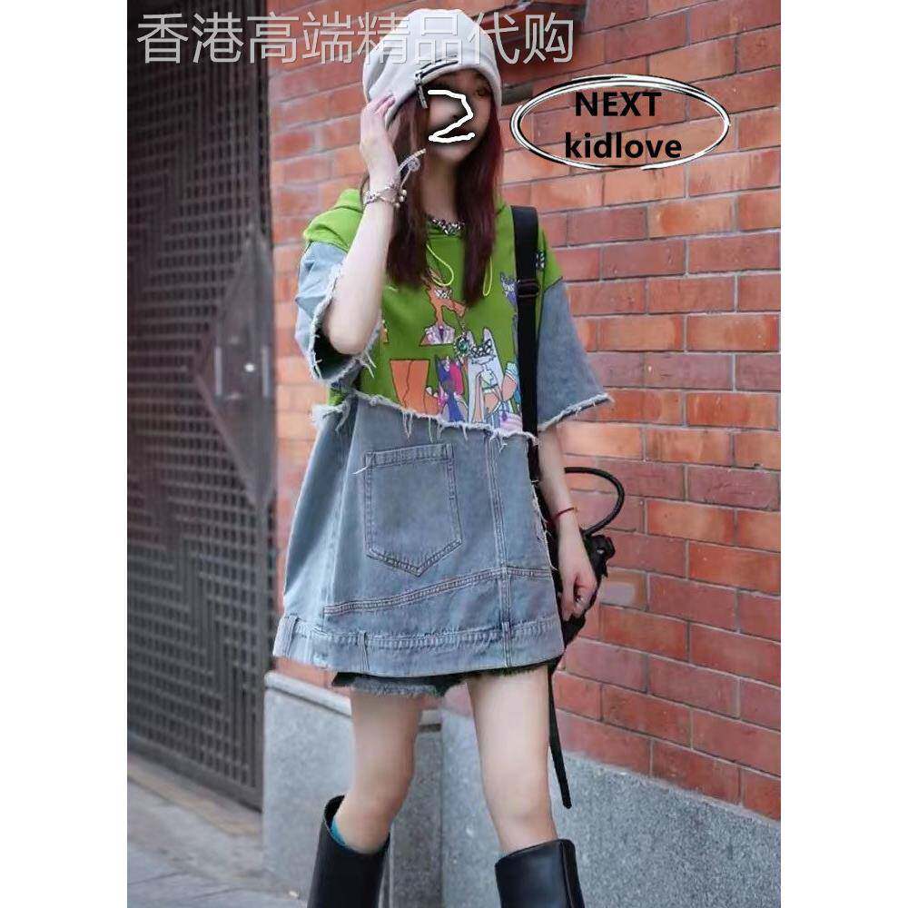 香港欧货撞色拼接中袖连帽牛仔上衣女士中长版设计感宽松T恤春夏