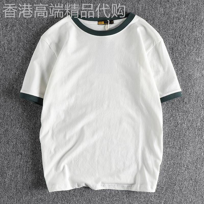 代购欧美风简约短袖男T恤撞色螺纹 磨毛棉百搭休闲半袖打底衫tee