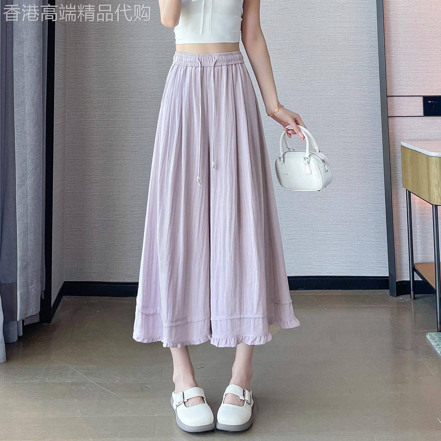 冰丝亚麻阔腿裤裙女夏季2026新款薄款宽松高腰休闲八分裤棉麻裤子