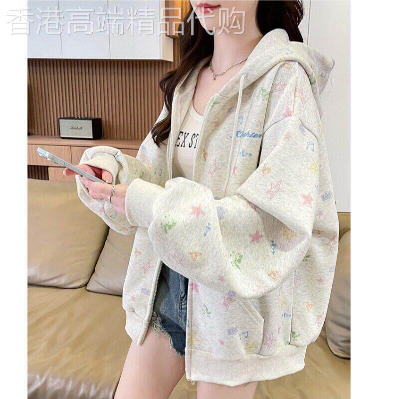连帽棒球服外套女春秋2026新款韩版印花时尚百搭休闲卫衣开衫上衣