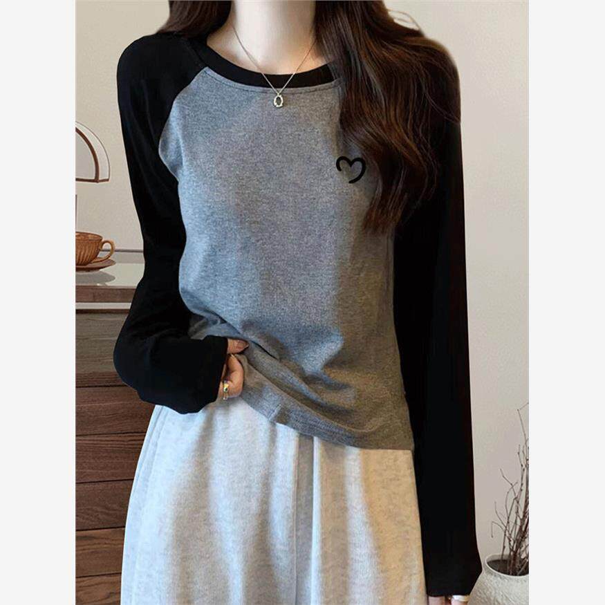 韩国纯棉撞色正肩磨毛长袖t恤女时尚显瘦加厚款内搭打底衫春秋季