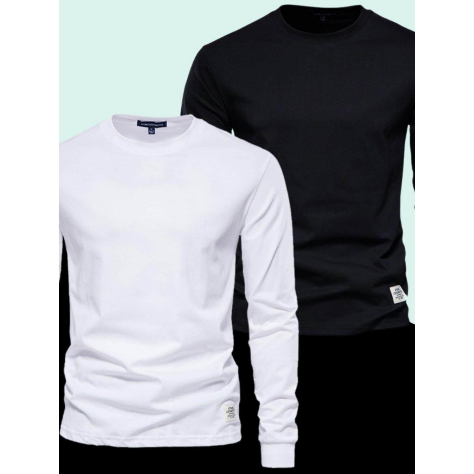 香港新款纯色男t恤休闲长袖纯棉打底衫春秋百搭圆领白色修身上衣